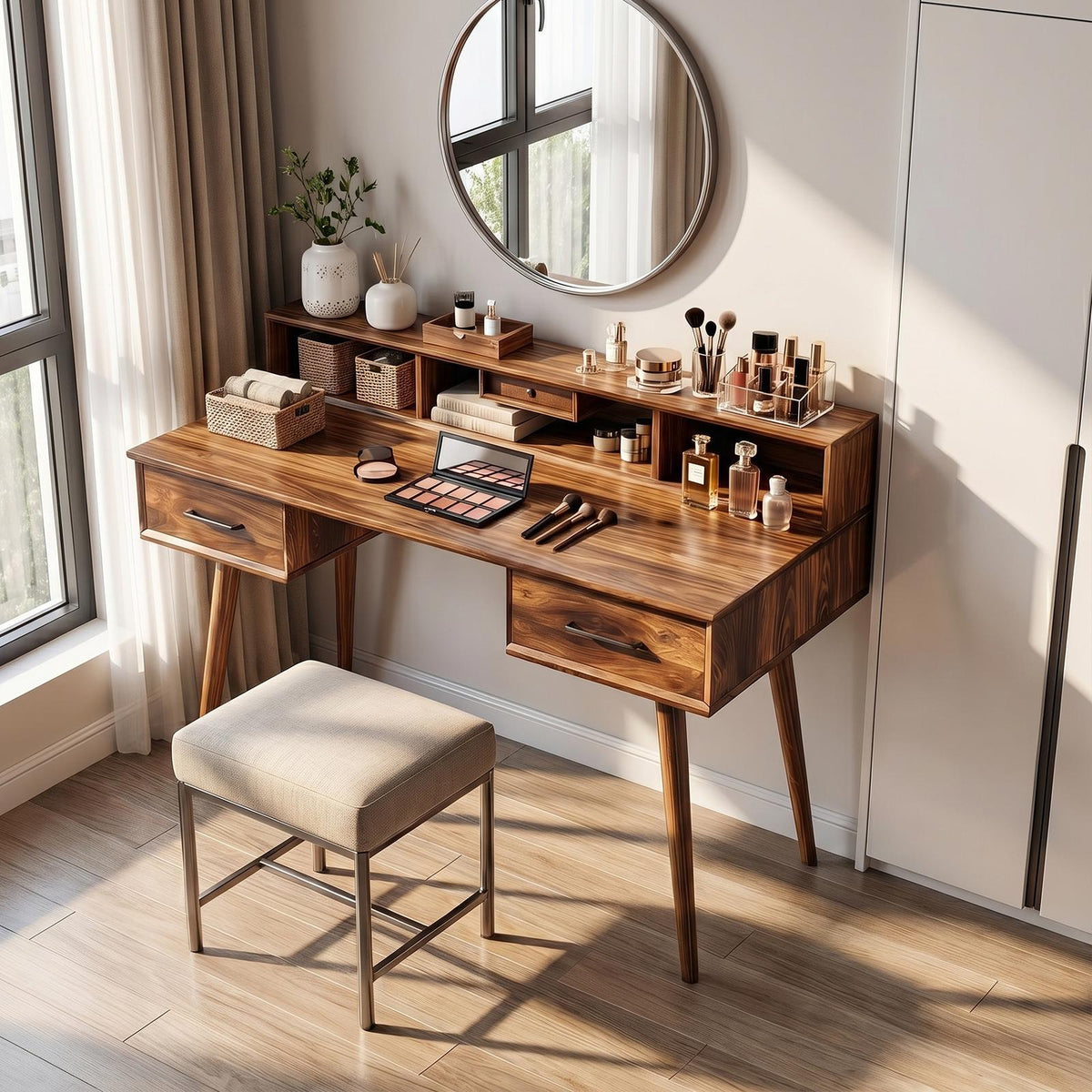 Spry Interior Elegant Wooden Vanity Table, Handcrafted Solid Wood Dressing Desk with Mirror & Drawers for Bedroom Makeup Studio, SILDTTRMV023