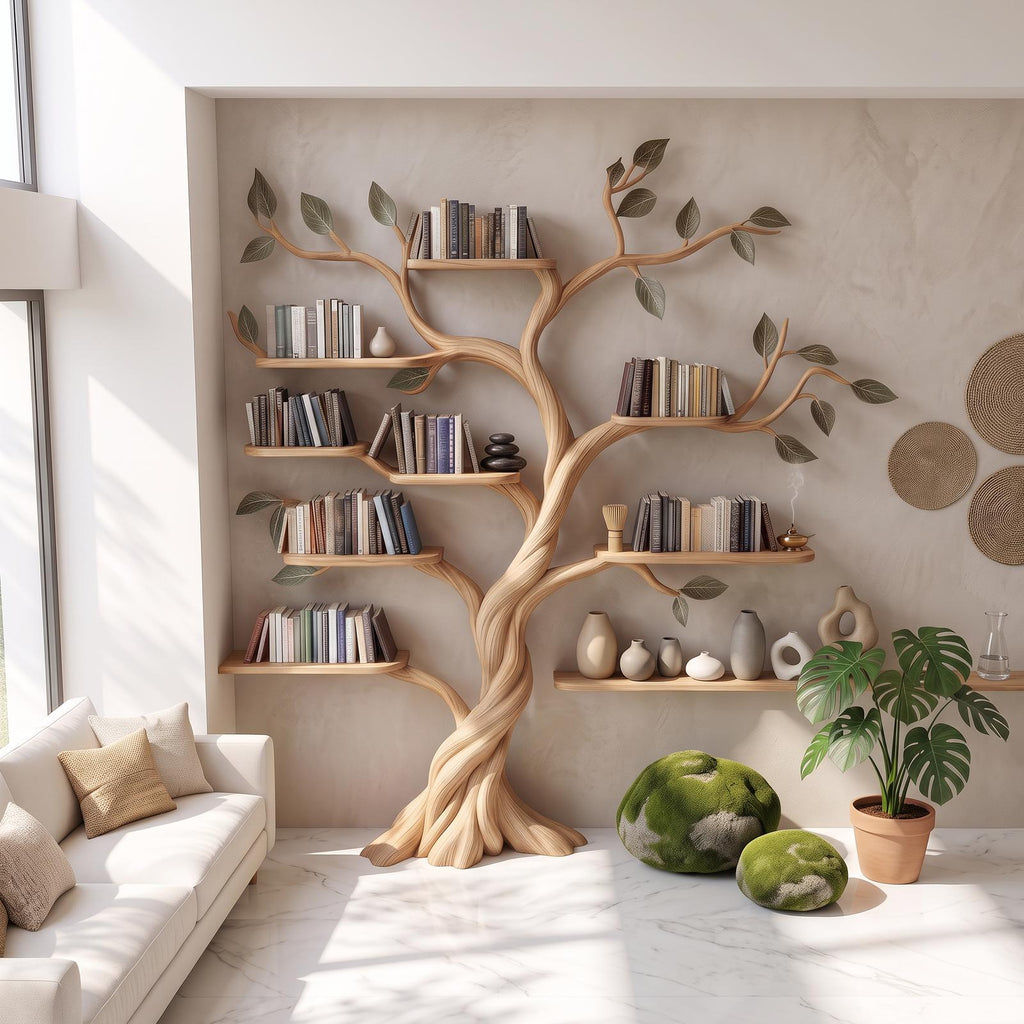 Rustic Tree Bookshelf, Solid Wood Wall Mounted Bookcase & Artistic Hanging Display Organizer for Modern Living Room