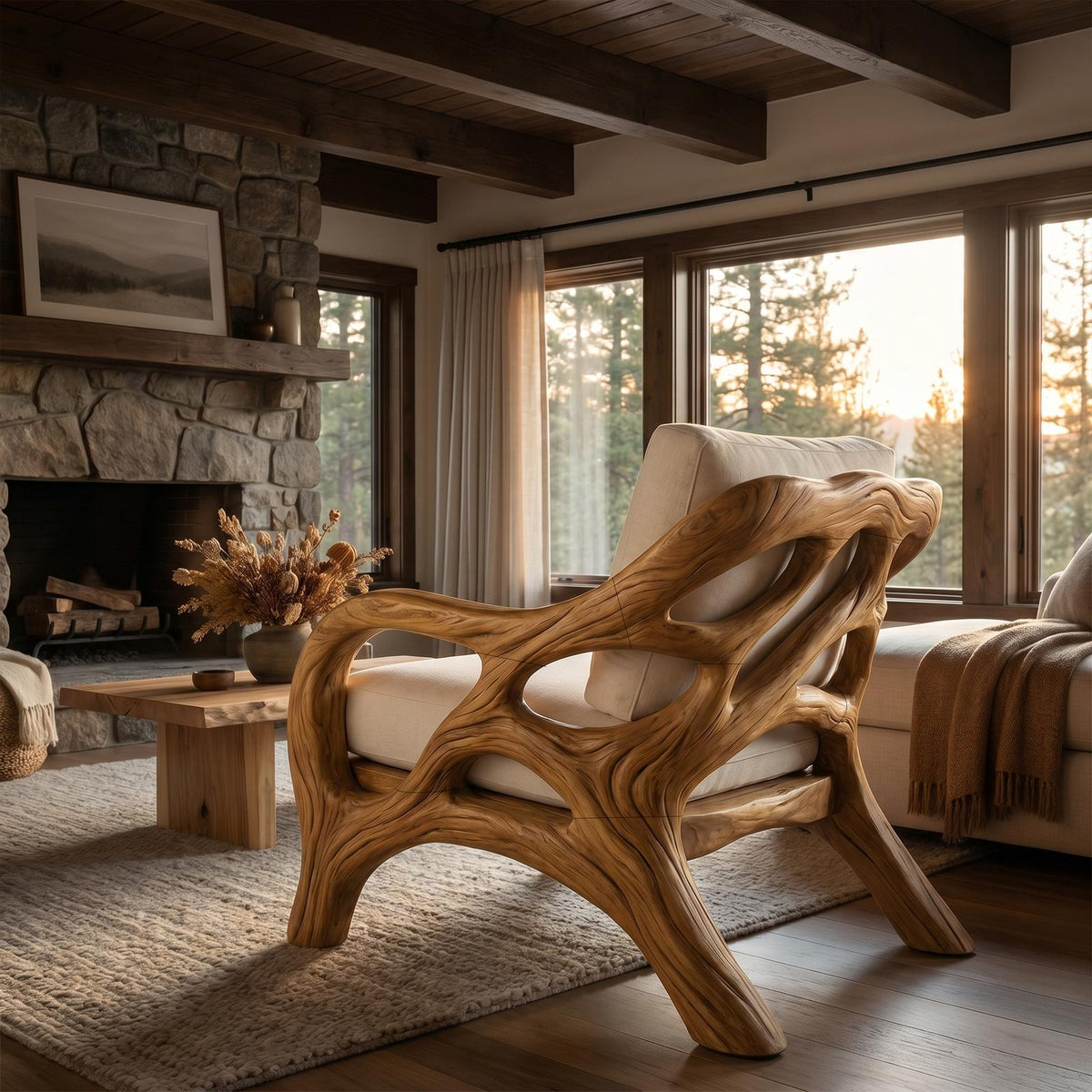 Luxury Organic Wood Lounge Chair with Sculptural Architectural Design SILDTTRCHR032