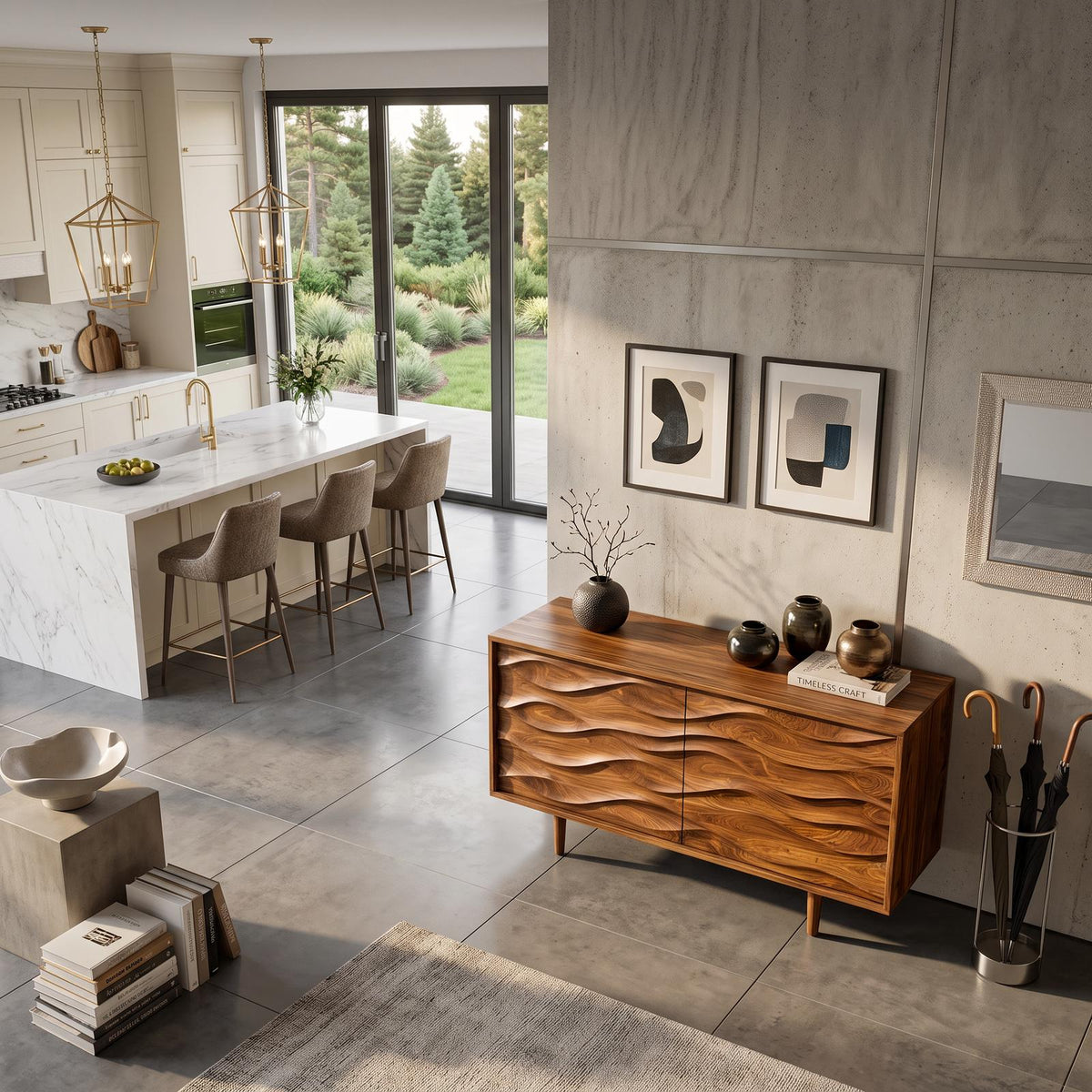 Contemporary Sideboard with Carved Wave Front Panels, Handcrafted Solid Wood Credenza Buffet Cabinet for Home, Model
