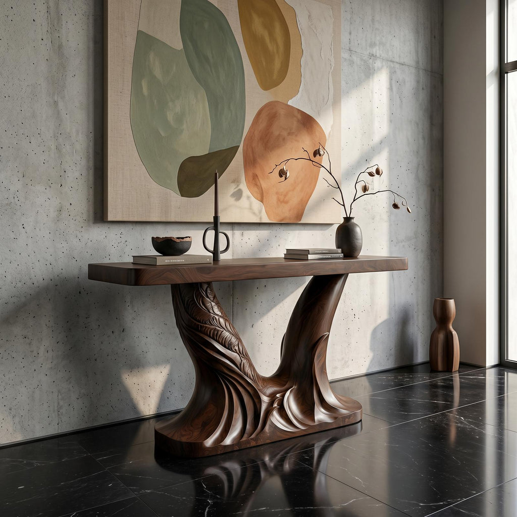 Organic Console Table, Sculptural Double Pedestal Base Solid Wood Entryway Sofa Table for Hallway & Foyer