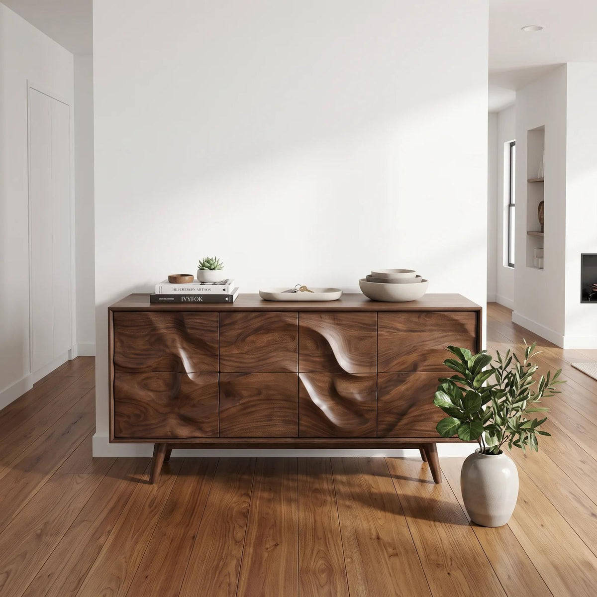 Mid Century Wave Carved Sideboard Living Room