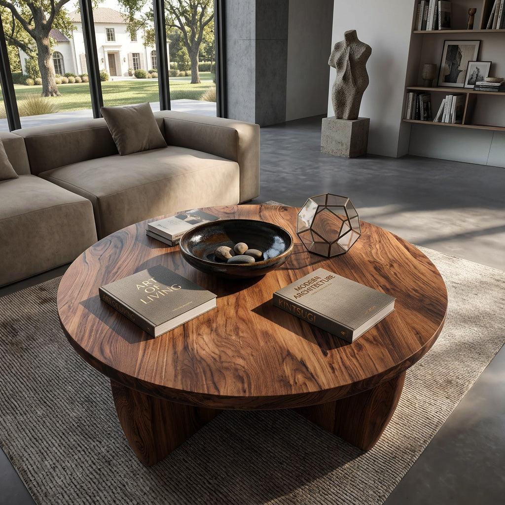 Round Wooden Coffee Table with Unique Pedestal Base, Modern Solid Wood Center Table for Living Room, Model