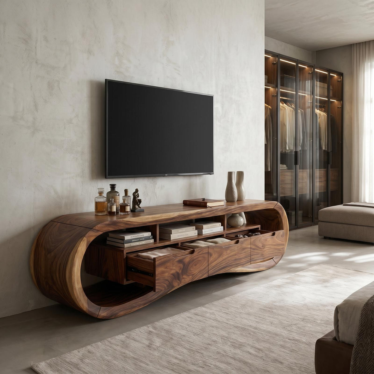 Modern Sculptural TV Stand Console, Handcrafted Solid Wood Media Center Cabinet for Minimalist Luxury Living Room