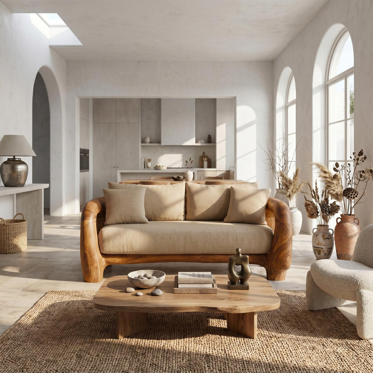 Contemporary Lounge Sofa Frame With Sculptural Wooden Base For Living Room