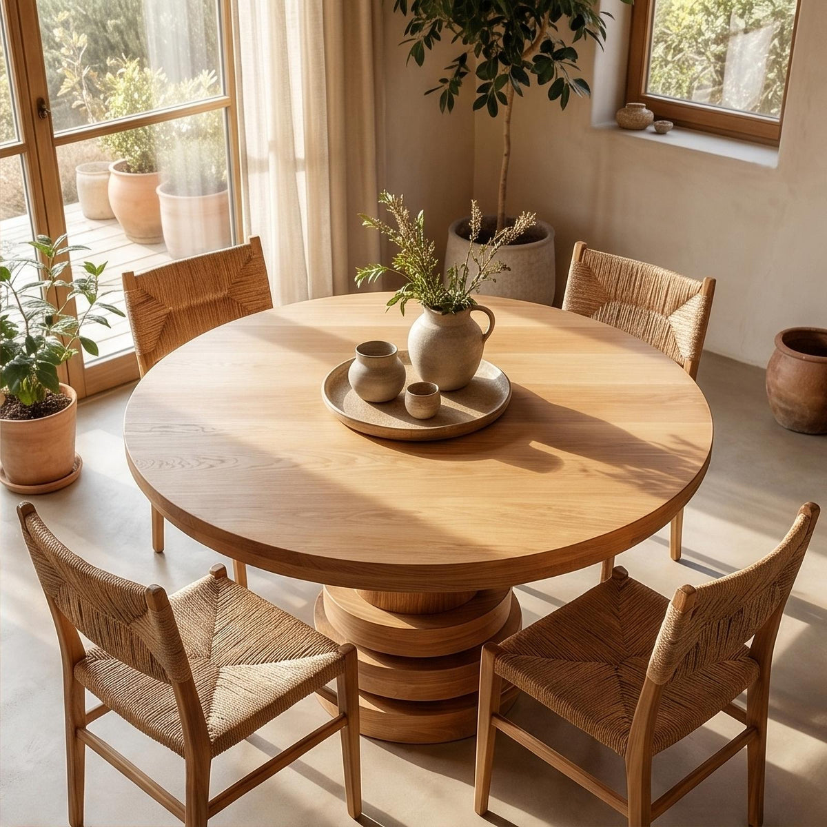 Rustic Farmhouse Round Dining Table, Solid Wood Pedestal Base Kitchen Table for Dining Room Decor