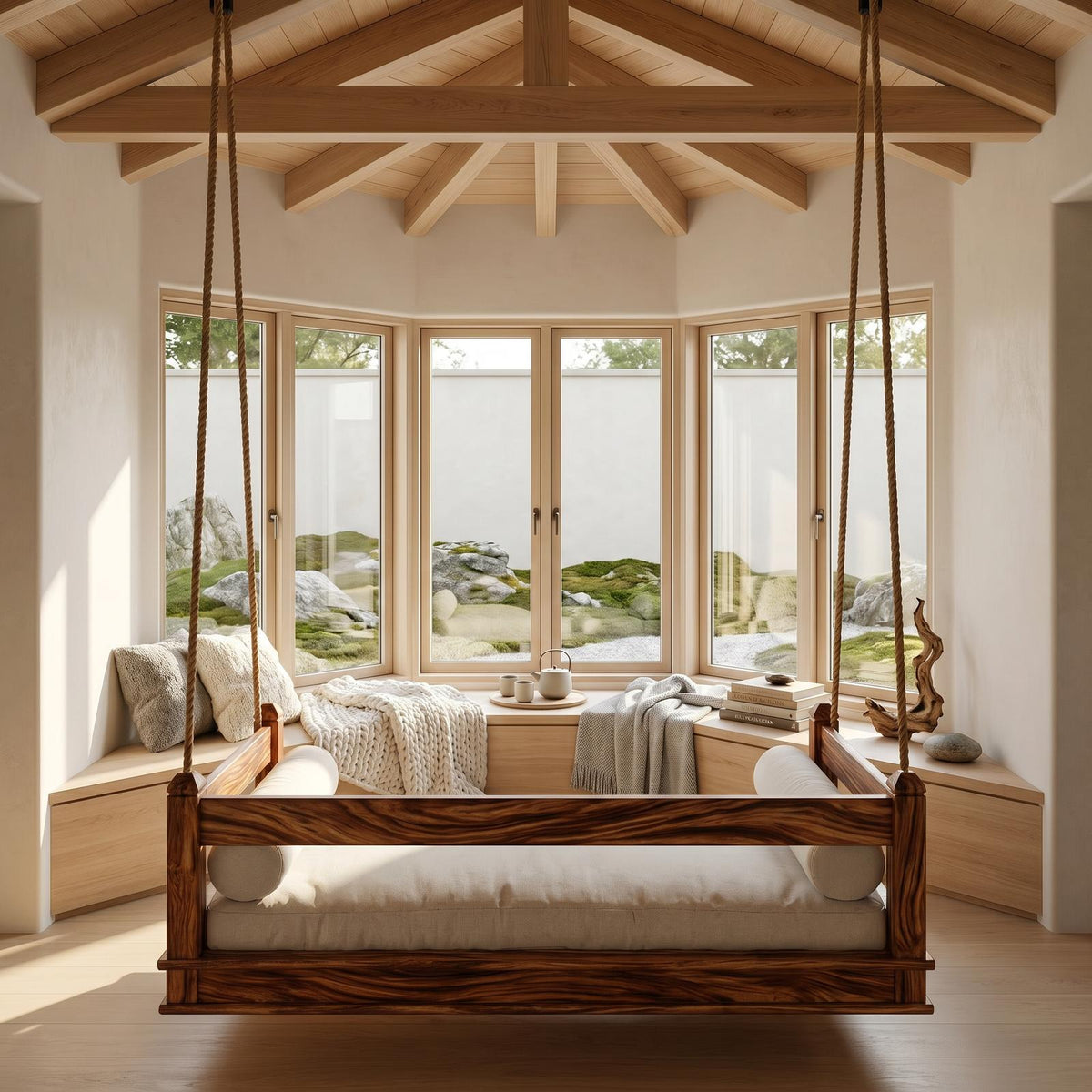 Mediterranean Wooden Hanging Daybed Swing Luxury Villa Patio