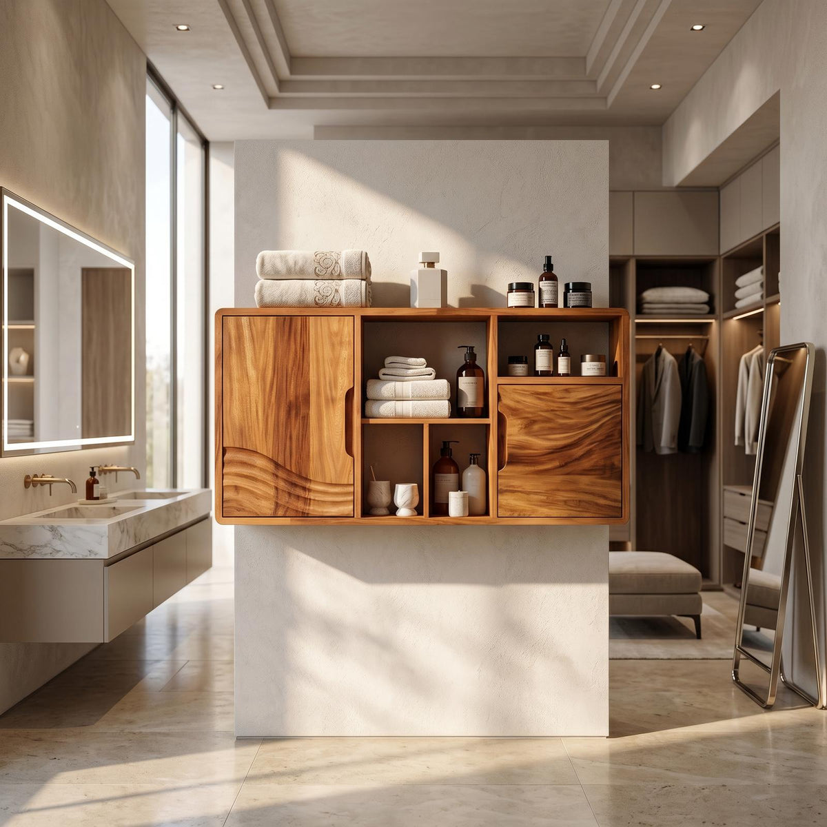 Spry Interior Organic Wood Wave Accent Bathroom Cabinet, Contemporary Urban Vanity Storage Credenza, SILDTTRBRC009