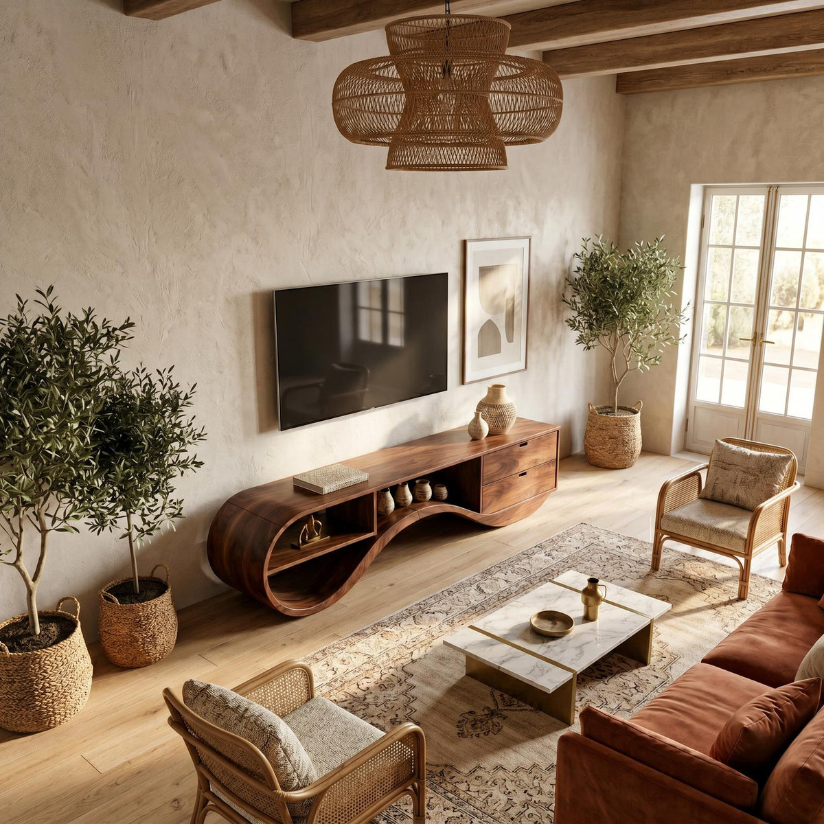 Minimalist Organic Wood TV Console, Mid-Century Modern Media Stand & Entertainment Center for Home Theater
