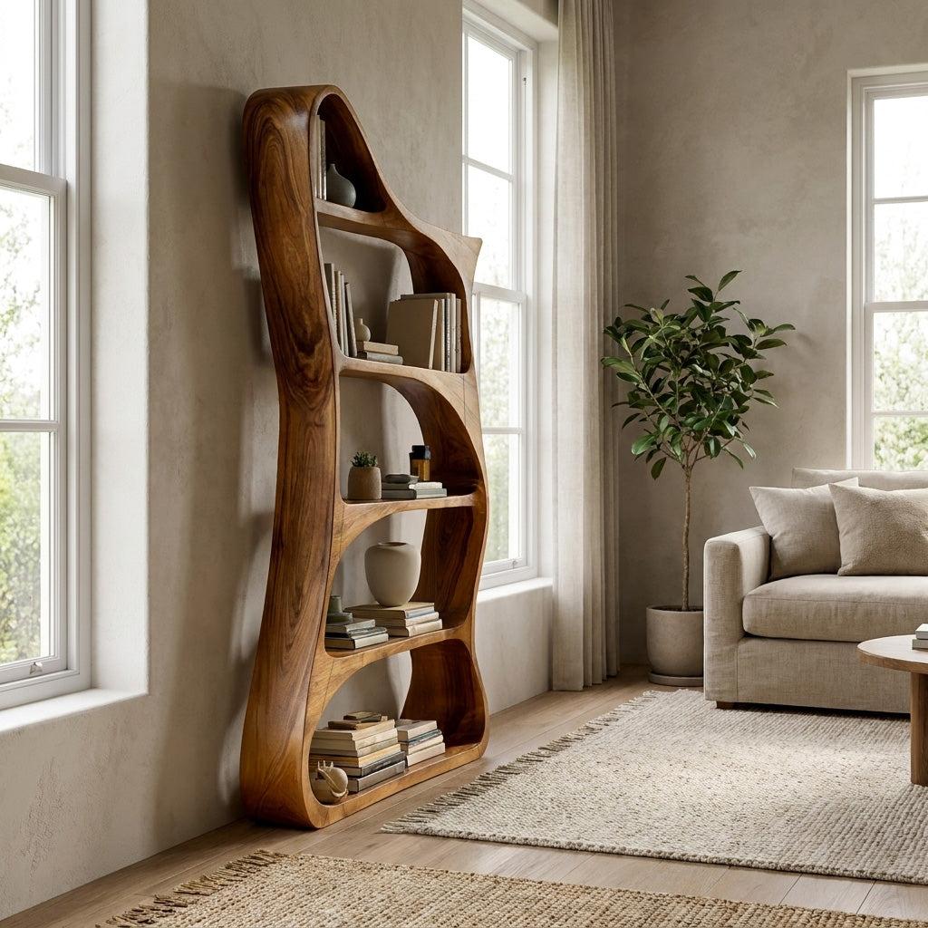 Modern Sculptural Natural Wood Bookshelf For Living Room