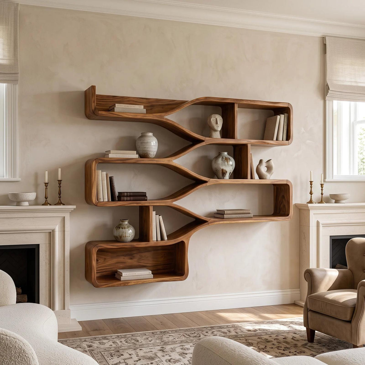 Mid Century Floating Wood Shelves for Bedroom