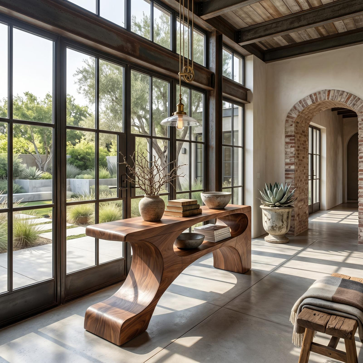 Contemporary Console Table, Organic Pedestal Base Solid Wood Entryway Table, Unique Sofa Table for Foyer