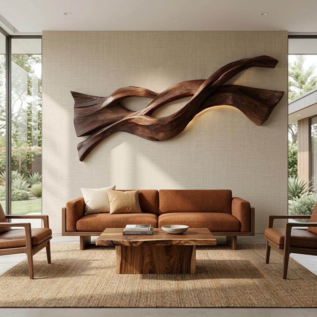 Contemporary Wood Wall Art, Flowing Abstract Wave Design 3D Carved Wood Sculpture for Living Room Decor