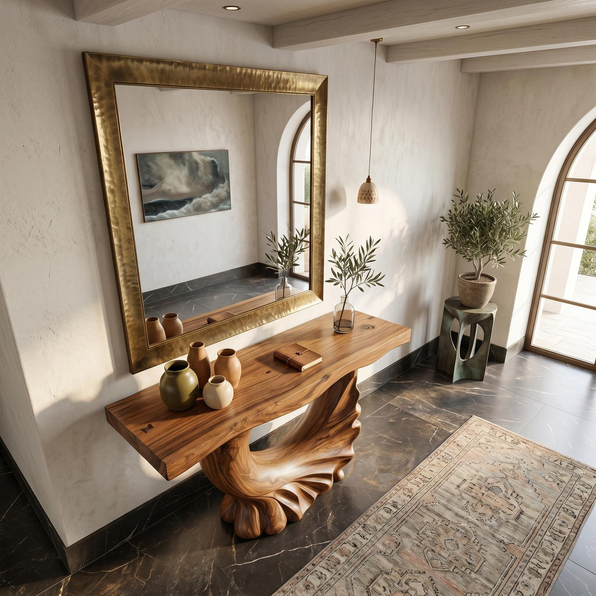 Modern Console Table, Sculptural Ring Form Pedestal Base Solid Wood Entryway Table for Living Room & Foyer