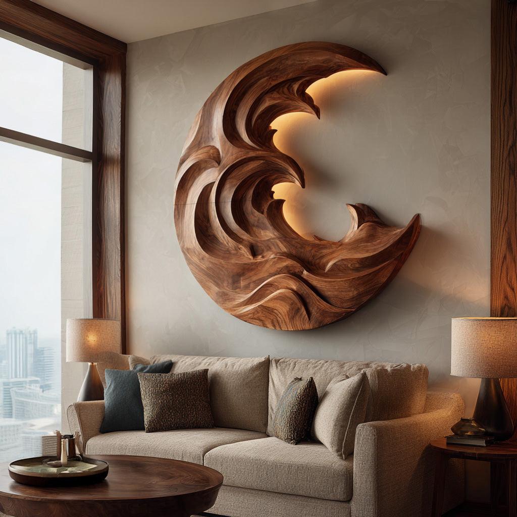 Organic Modern Wood Wave Wall Art, 3D Fluid Hand-Carved Coastal Wood Sculpture Panel for Living Room Decor