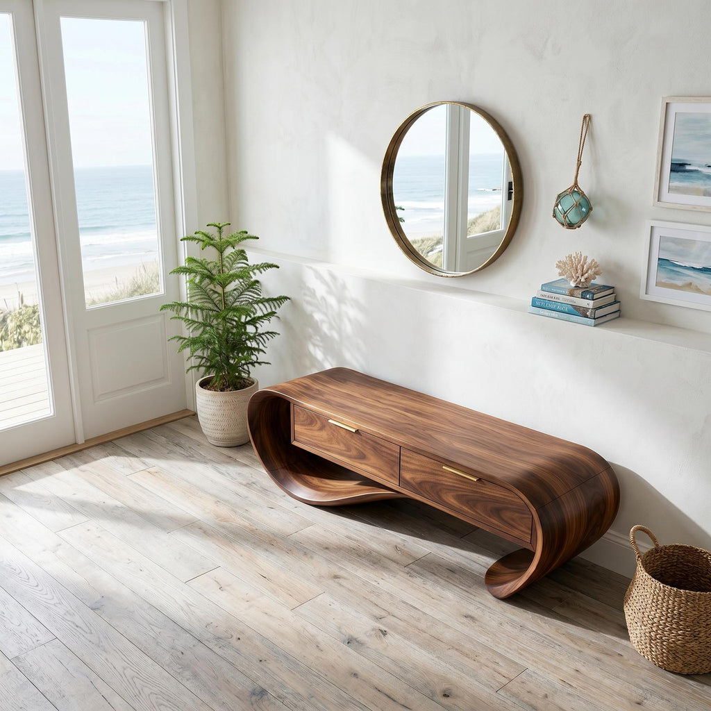 Contemporary Curved Wood Bench with Drawer Storage, Entryway Organizer Bench & Foyer Accent Bench Seating
