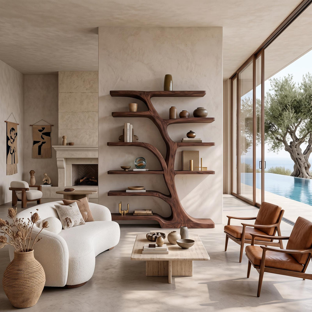 Modern Bookshelf with Flowing Curved Design, Handcrafted Solid Wood Bookcase for Elegant Living Room Display