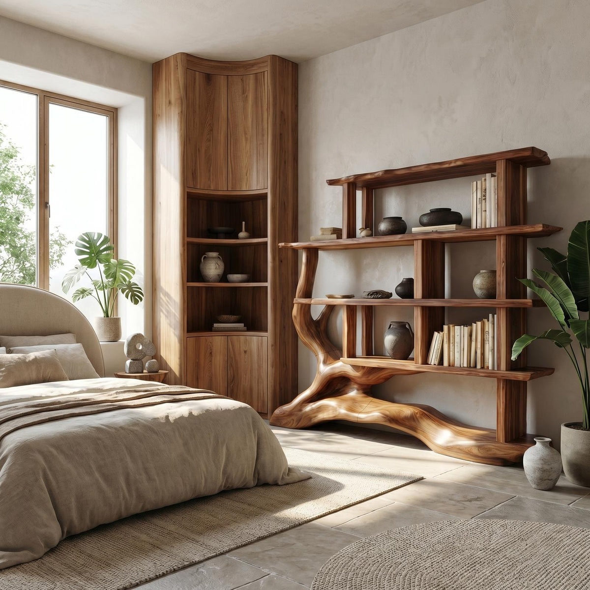 Unique Designer Bookshelf, Solid Wood Sculptural Multi-Tier Bookcase & Display Shelf for Living Room, Office