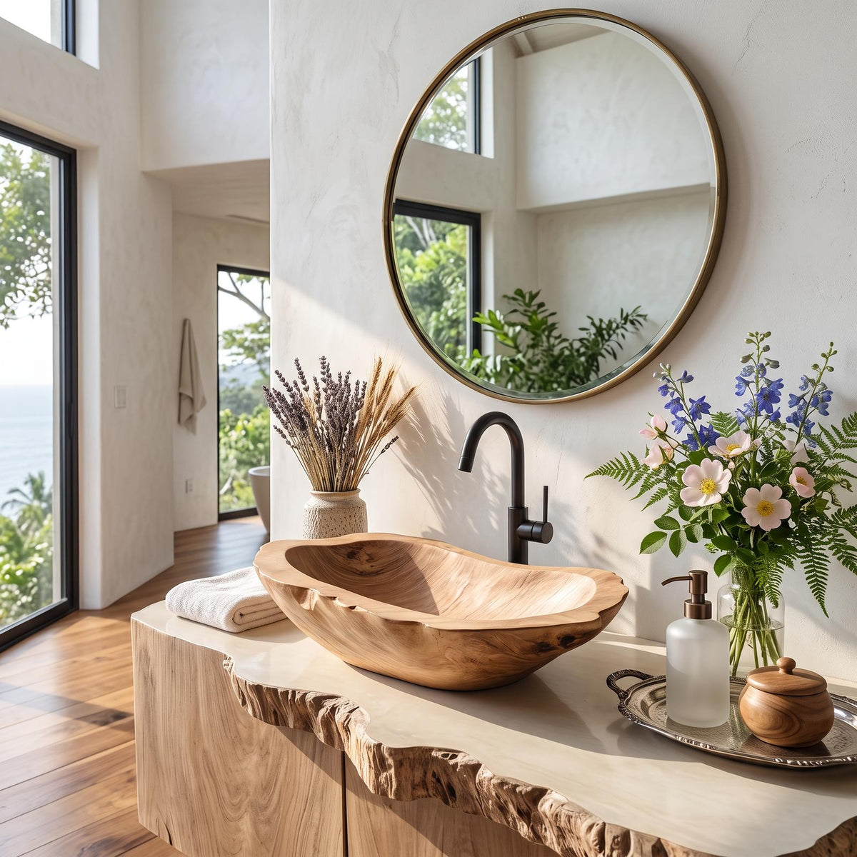 Handcrafted Wooden Vessel Sink, Rustic Natural Solid Wood Bath Bowl Wash Basin for Luxury Bathroom Vanity Countertop