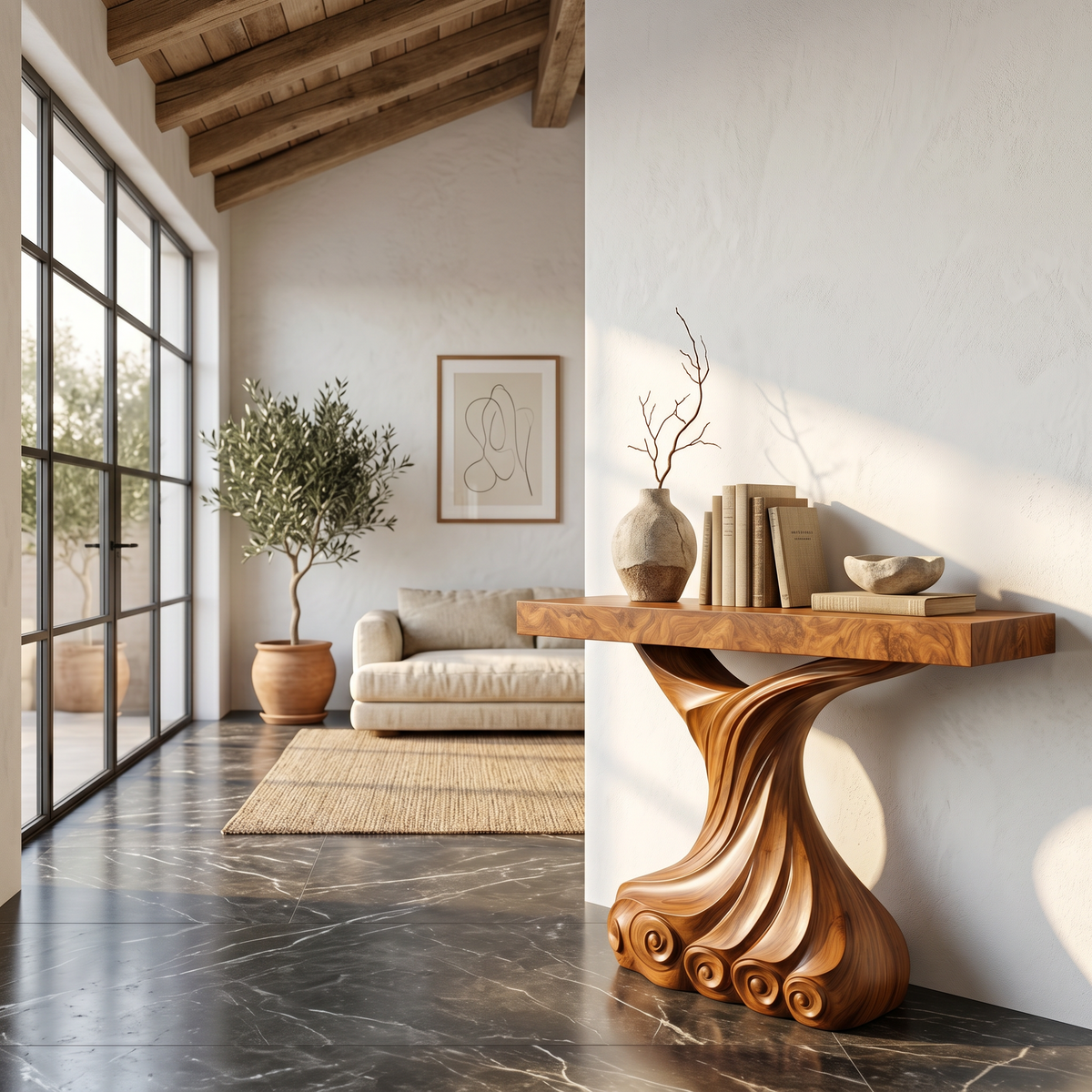 Contemporary Console Table, Carved Twist Form Wood Entryway Table, Abstract Sofa Table for Hallway & Foyer