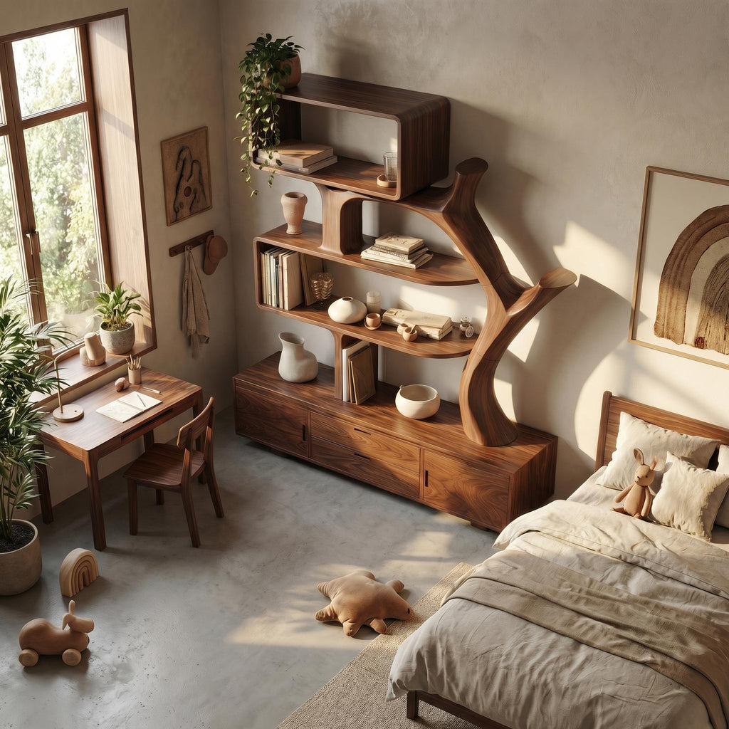 Sculptural Solid Wood Display Shelf with Storage, Modern Bookcase & Bookshelf Unit for Living Room Decor