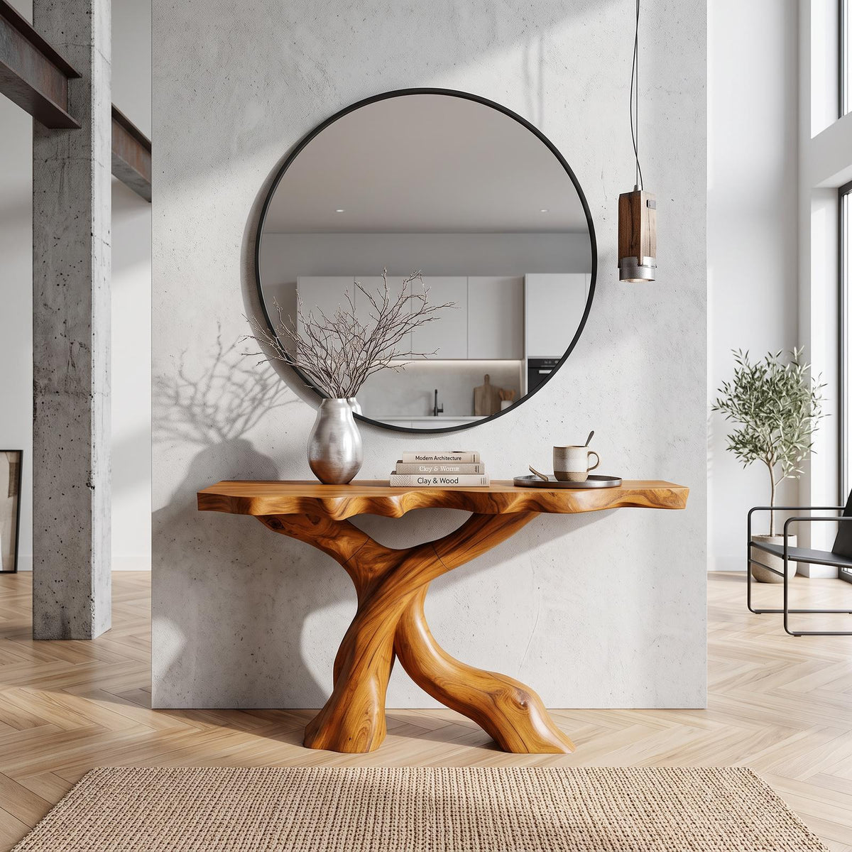 Mid Century Modern Console Table, Carved Solid Wood X-Base, Handcrafted Entryway & Foyer Accent Table