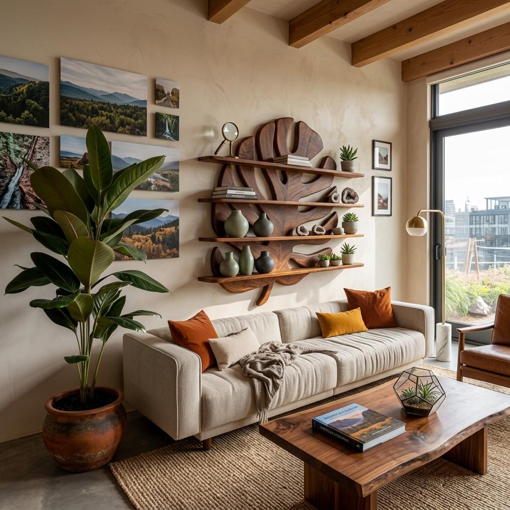 Wooden Tropical Monstera Leaf Floating Bookshelf, Handcrafted Wall Mounted Display Shelf for Office & Living Room