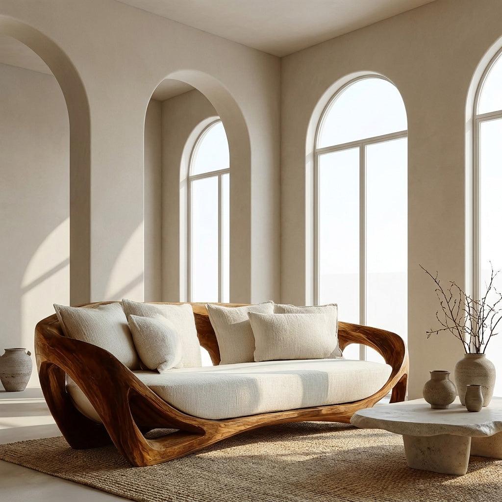 Contemporary Organic Wood Sofa, Modern Designer Couch Loveseat Settee, Timber Lounge Seating for Living Room