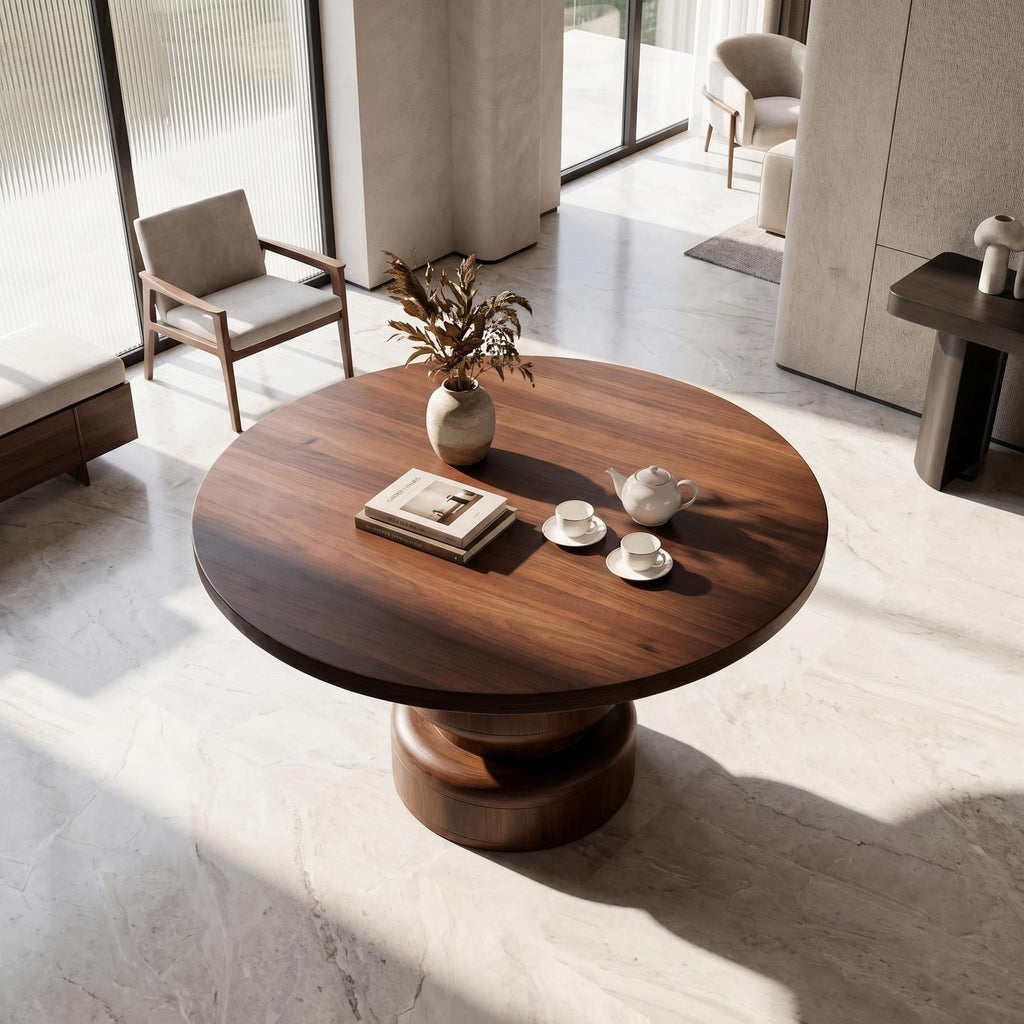 Sculptural Round Entryway Table, Solid Wood Modern Geometric Pedestal Foyer Table, Living Room Accent Stand