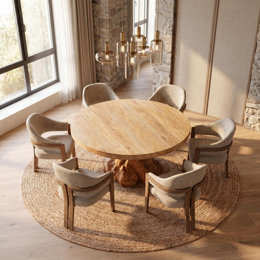 Rustic Tree Root Round Dining Table, Solid Wood Natural Slab Kitchen Table for Home Dining Room