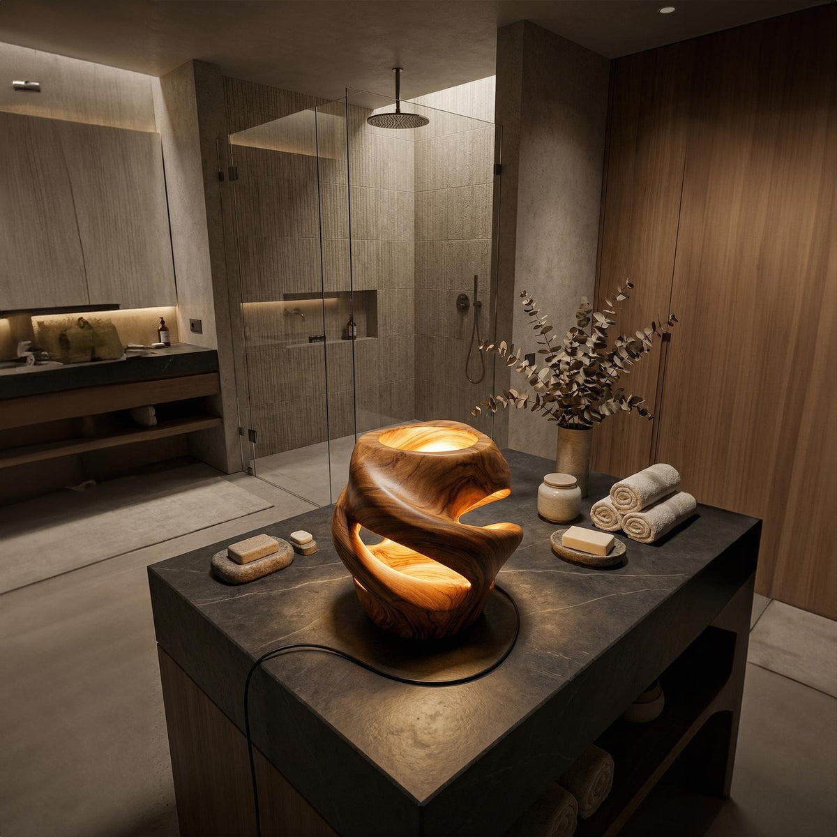 Contemporary Sculptural Table Lamp, Artistic Wood Accent Light for Dining Room & Kitchen Island