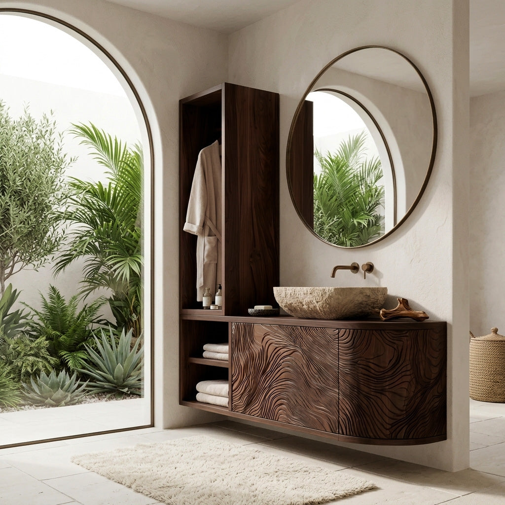 Organic Carved Bathroom Vanity With Linen Tower Side For Bathroom