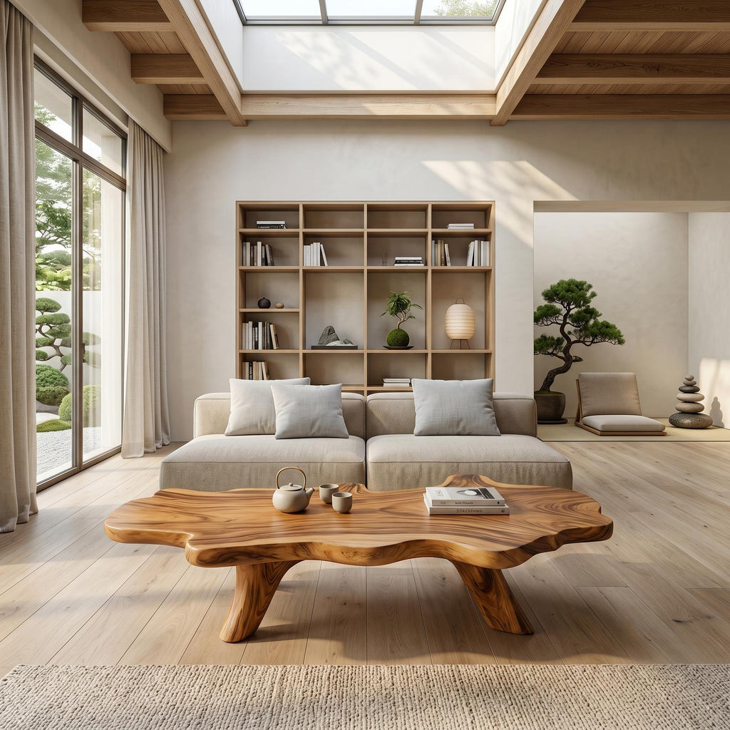 Handcrafted Solid Wood Low Coffee Table, Live Edge Natural Wood Center Table for Artisan Living Rooms