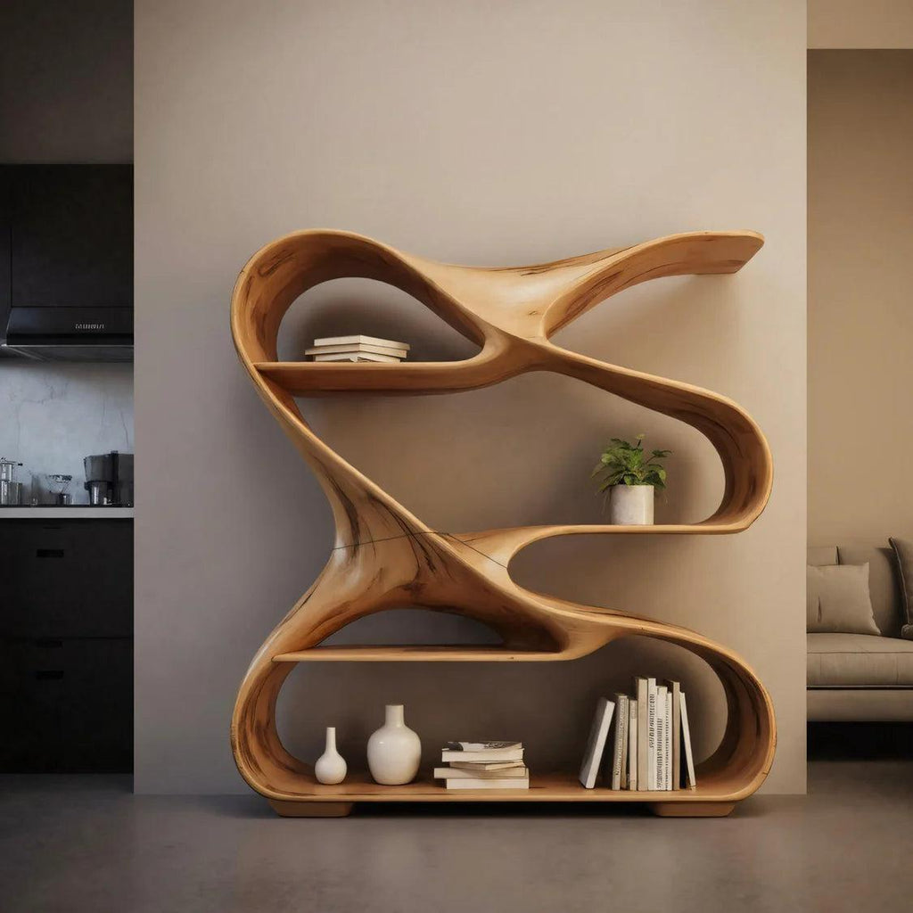 Modern Sculptural Wooden Bookshelf For Living Room Or Office Display