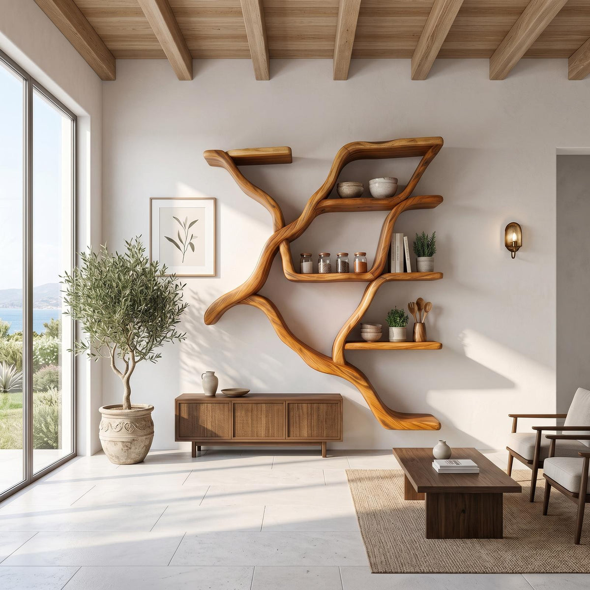 Organic Tree Branch Wall Mounted Shelves for Kitchen