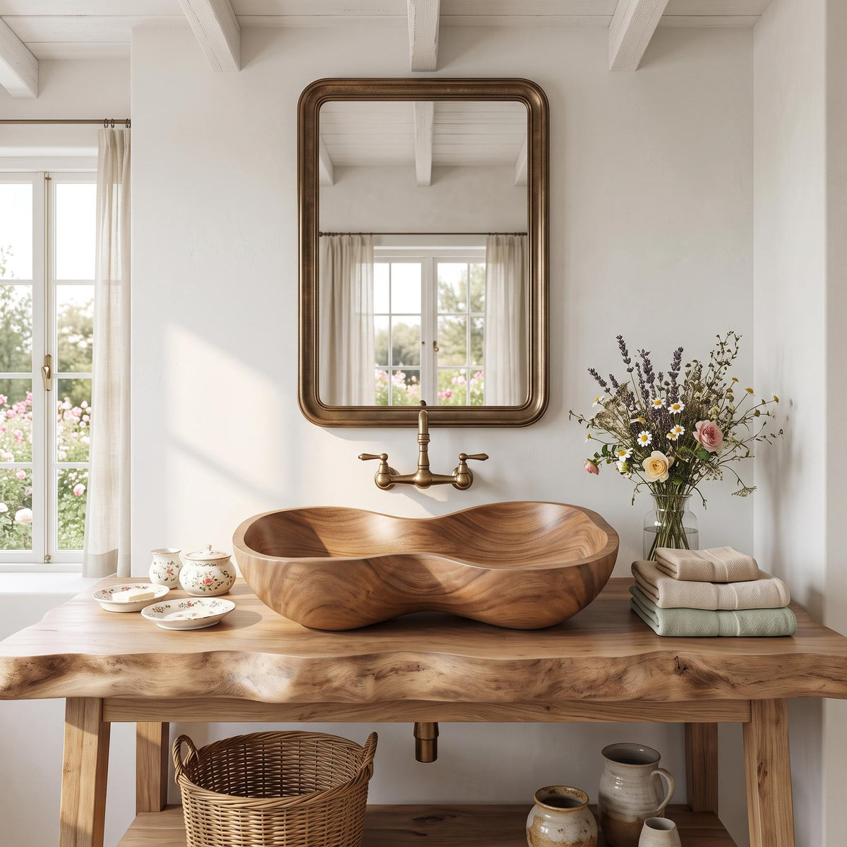 Rustic Wooden Vessel Sink, Handcrafted Natural Wood Bowl Wash Basin for Eco-Friendly Modern Bathroom Vanity
