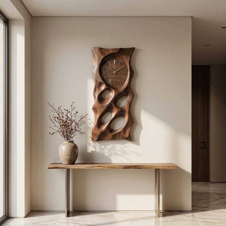 Modern Organic Wooden Wall Clock, 3D Hand-Carved Hollow Wood Hanging Clock for Living Room & Home Office Decor