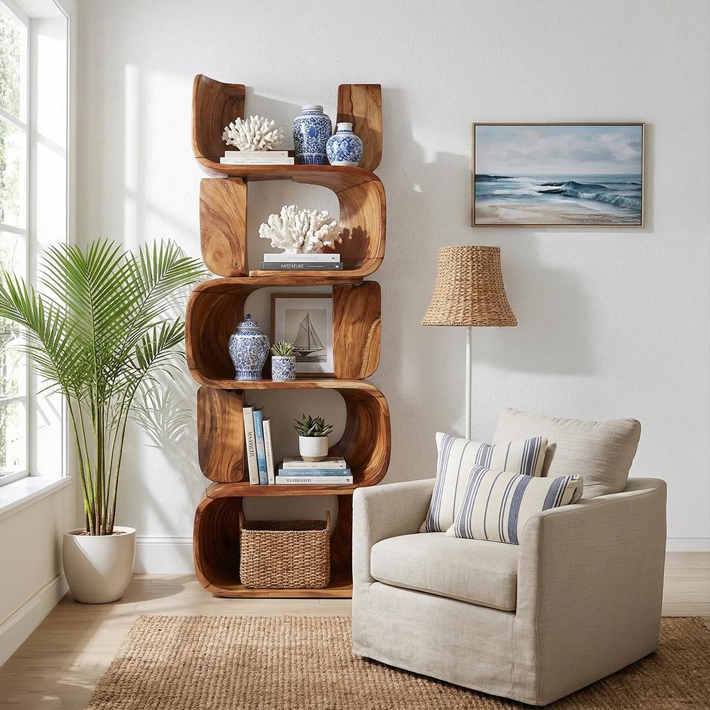 Contemporary Modern Unique Bookshelf, Abstract Wood Bookcase Display Shelves for Living Room