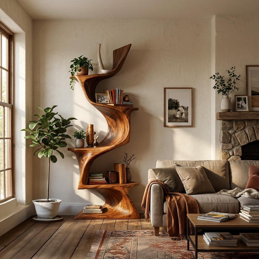 Organic Modern Natural Wood Bookshelf, Handcrafted Solid Wood Corner Bookcase for Living Room & Office Decor