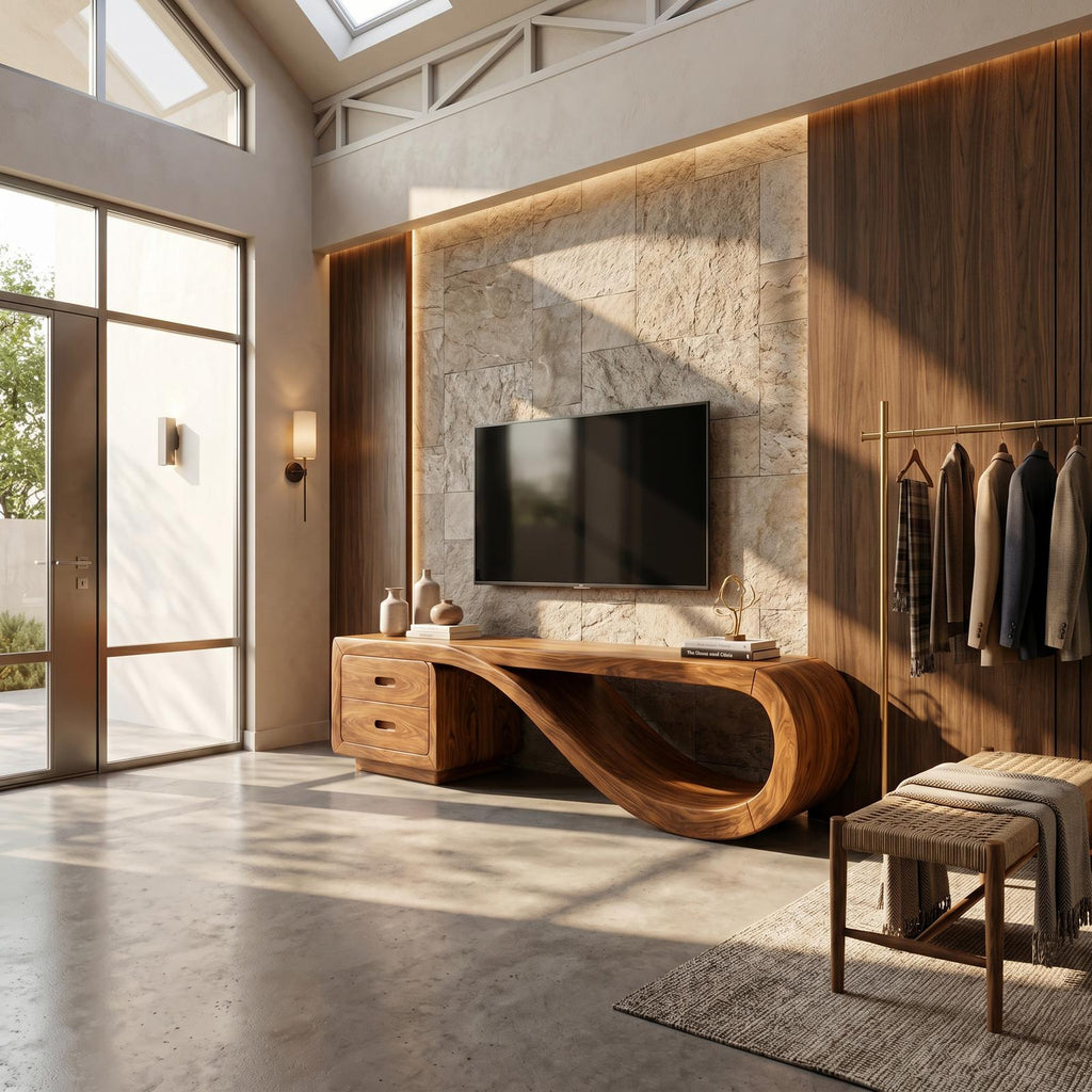 Luxury Sculptural Media Console Marble Accent Wall