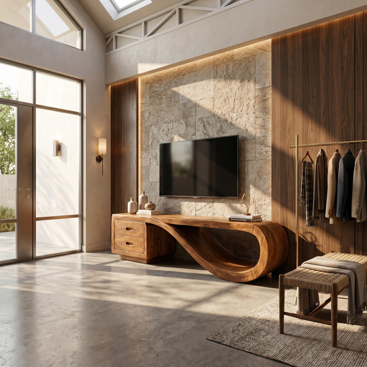 Luxury Sculptural Media Console Marble Accent Wall