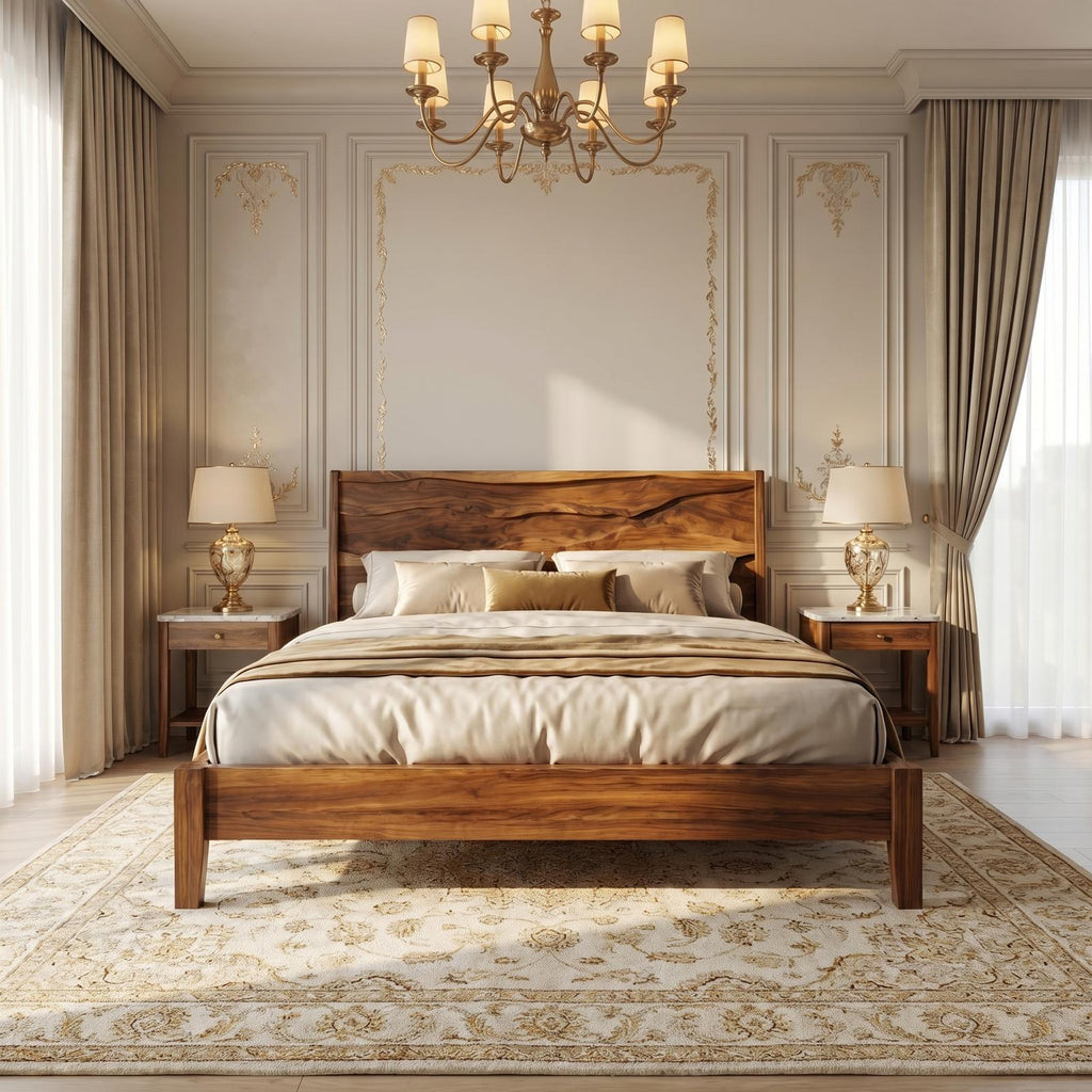 Rustic Natural Wood Bed Frame, Solid Wood Live Edge Platform Bed, Handcrafted Mid-Century Bedroom Furniture