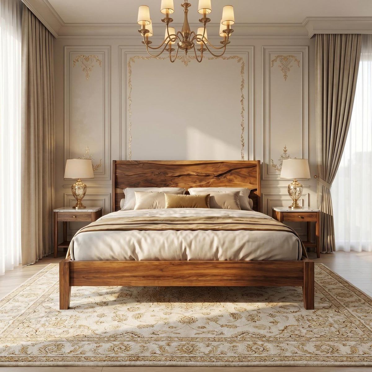 Rustic Natural Wood Bed Frame, Solid Wood Live Edge Platform Bed, Handcrafted Mid-Century Bedroom Furniture