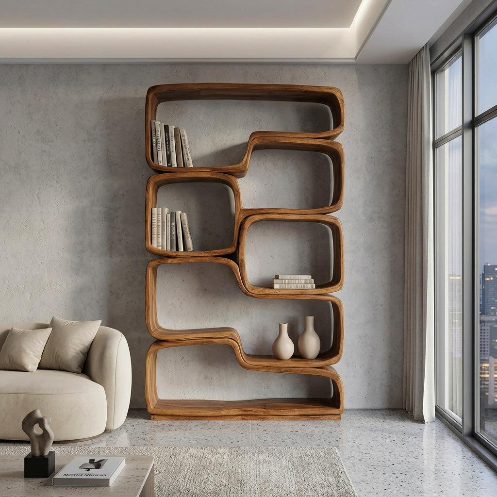 Contemporary Sculptural Natural Wood Bookshelf, Handcrafted Solid Wood Bookcase for Modern Living Room & Office