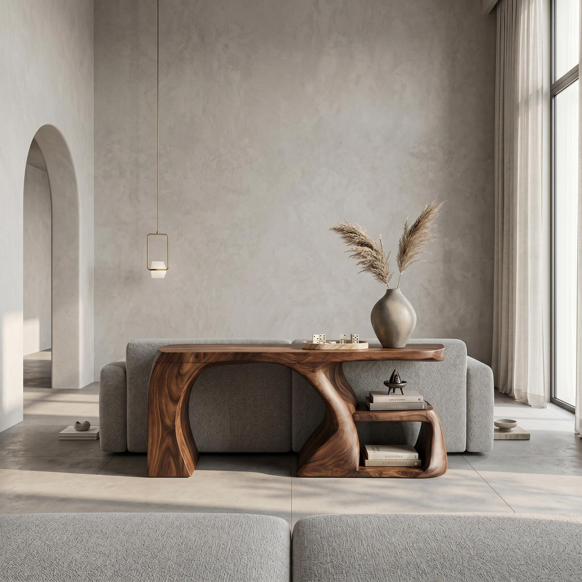 Modern Console Table, Architectural Curved Wood Entryway Table, Minimalist Sofa Table for Hallway & Foyer
