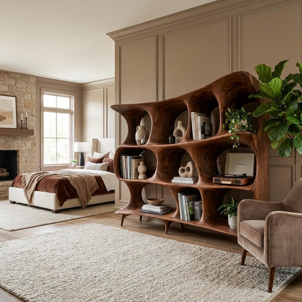 Organic Carved Bookshelf, Handcrafted Solid Wood Standing Bookcase for Living Room Display & Home Office Storage