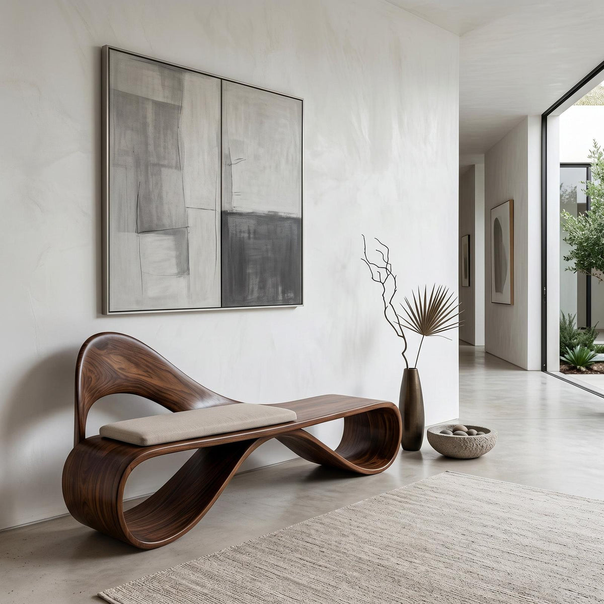 Modern Wooden Bench With Sculptural Curved Backrest For Reading Nook