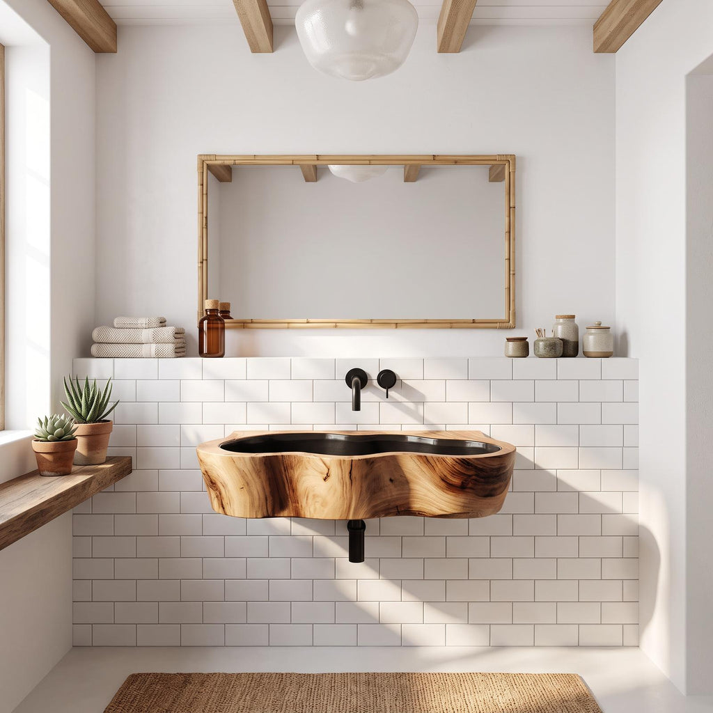 Modern Live Edge Wooden Vessel Sink, Contemporary Solid Wood Bathroom Wash Basin for Vanity Top