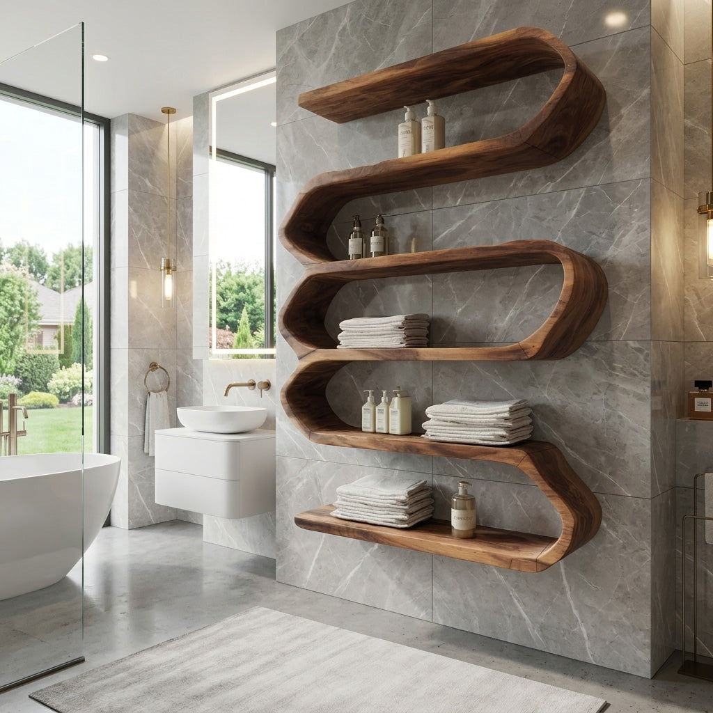 Organic Natural Wood Bathroom Shelf For Spa Style