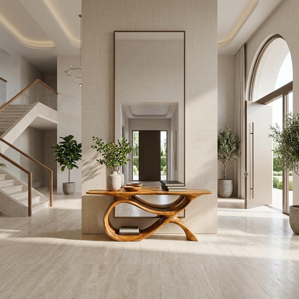 Modern Wooden Console Table with Curved Open Storage, Handcrafted Entryway Table for Hallway & Living Room, Model